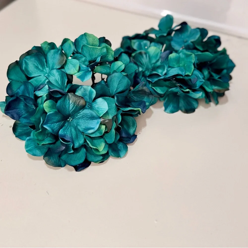 SHABBY CHIC 2 Teal Blue Hydrangea Stems Floral Arrangement Faux Flower Lifelike